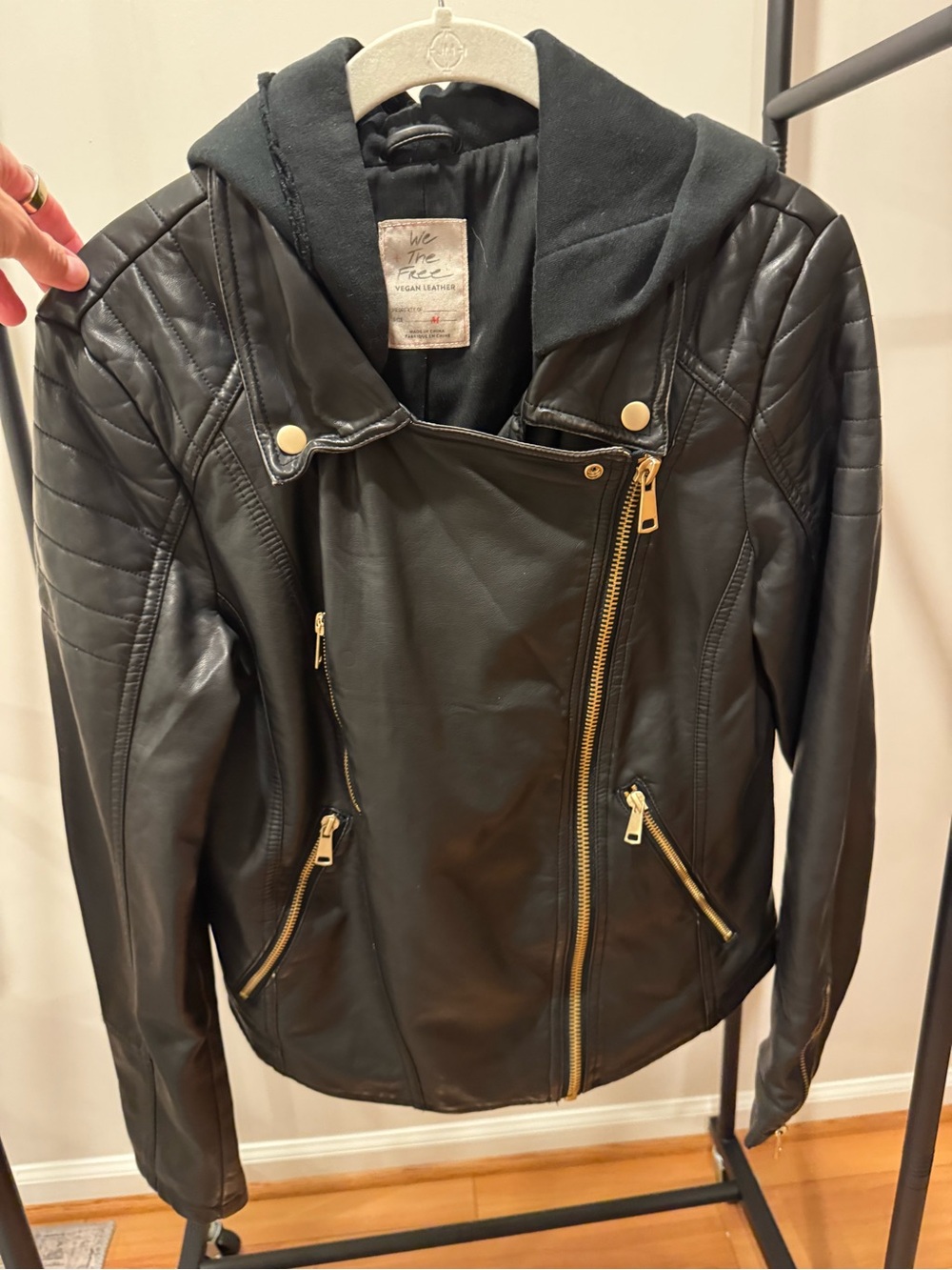 Free People Black Vegan Leather Moto Jacket with Hooded Insert